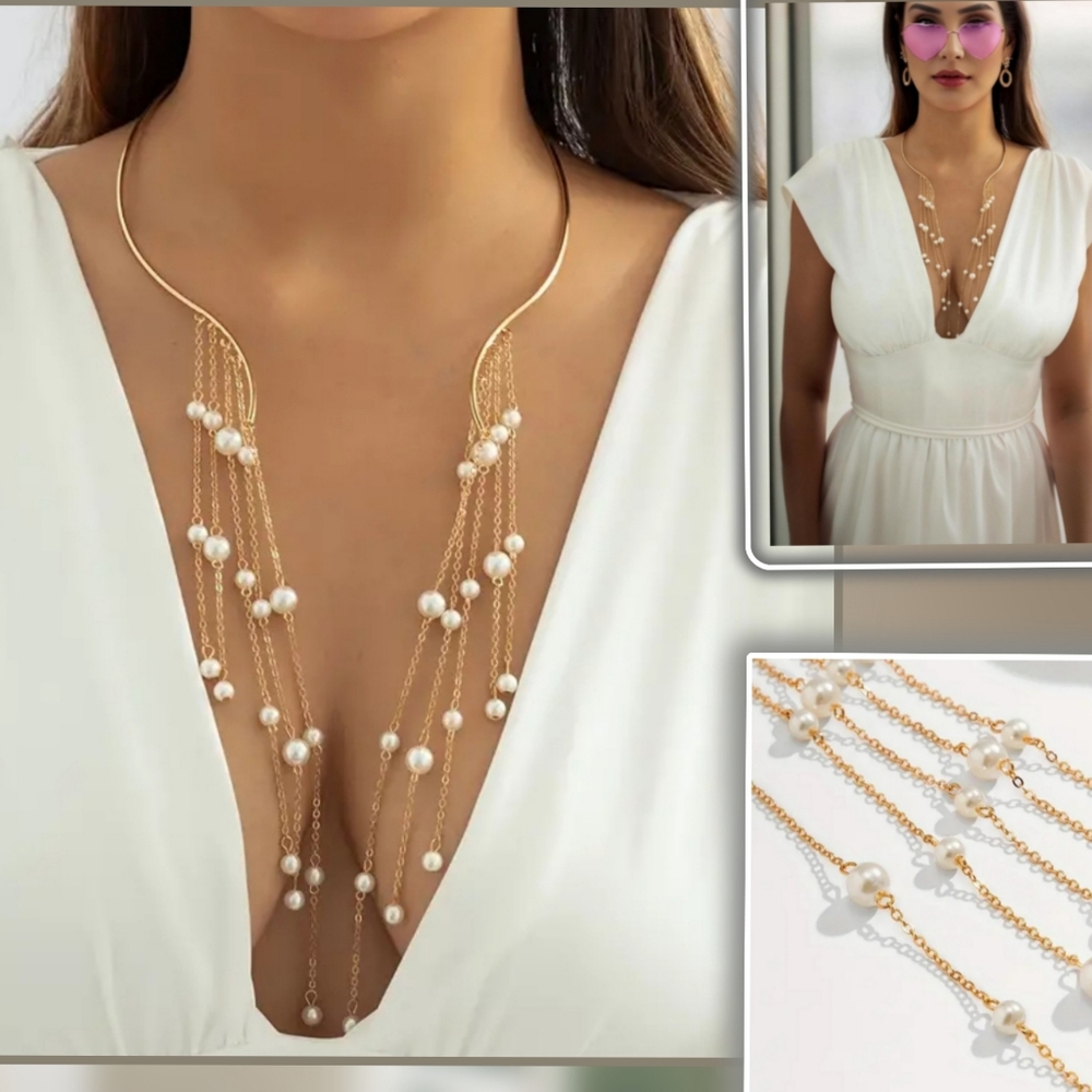 Pearl fringe necklace long open women gold chain jewelry